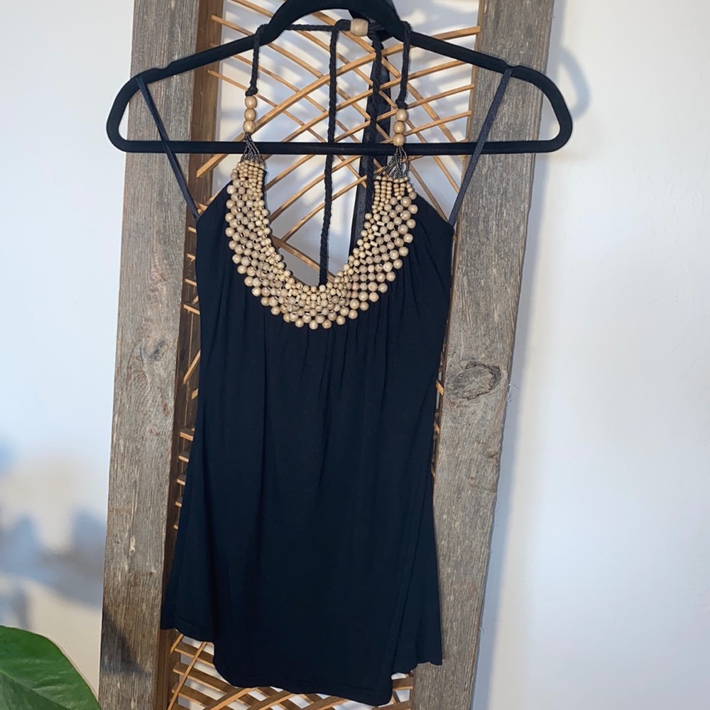 Crown of Hearts Black Halter Top with Wood Beads
